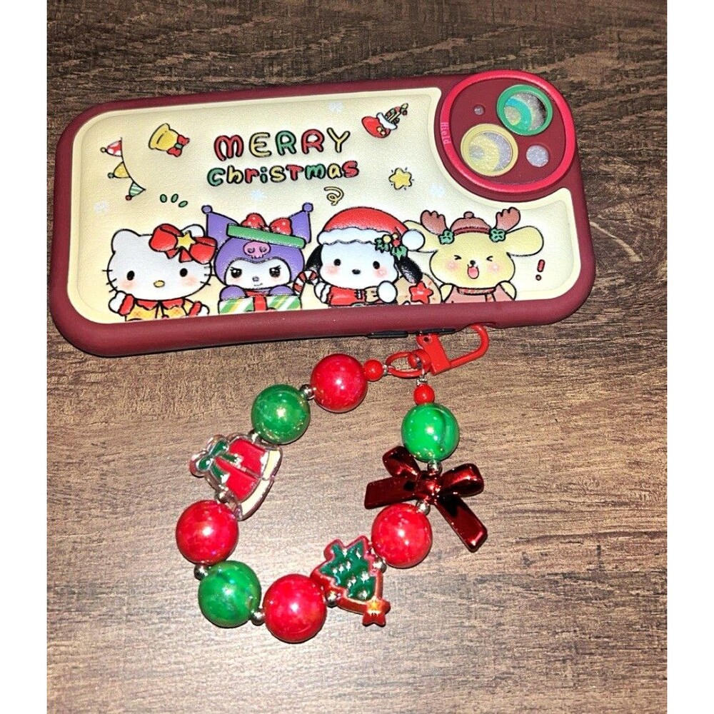 Hello Kitty Kuromi Christmas Red Shockproof Back Case w/ Charm for iPhone 14